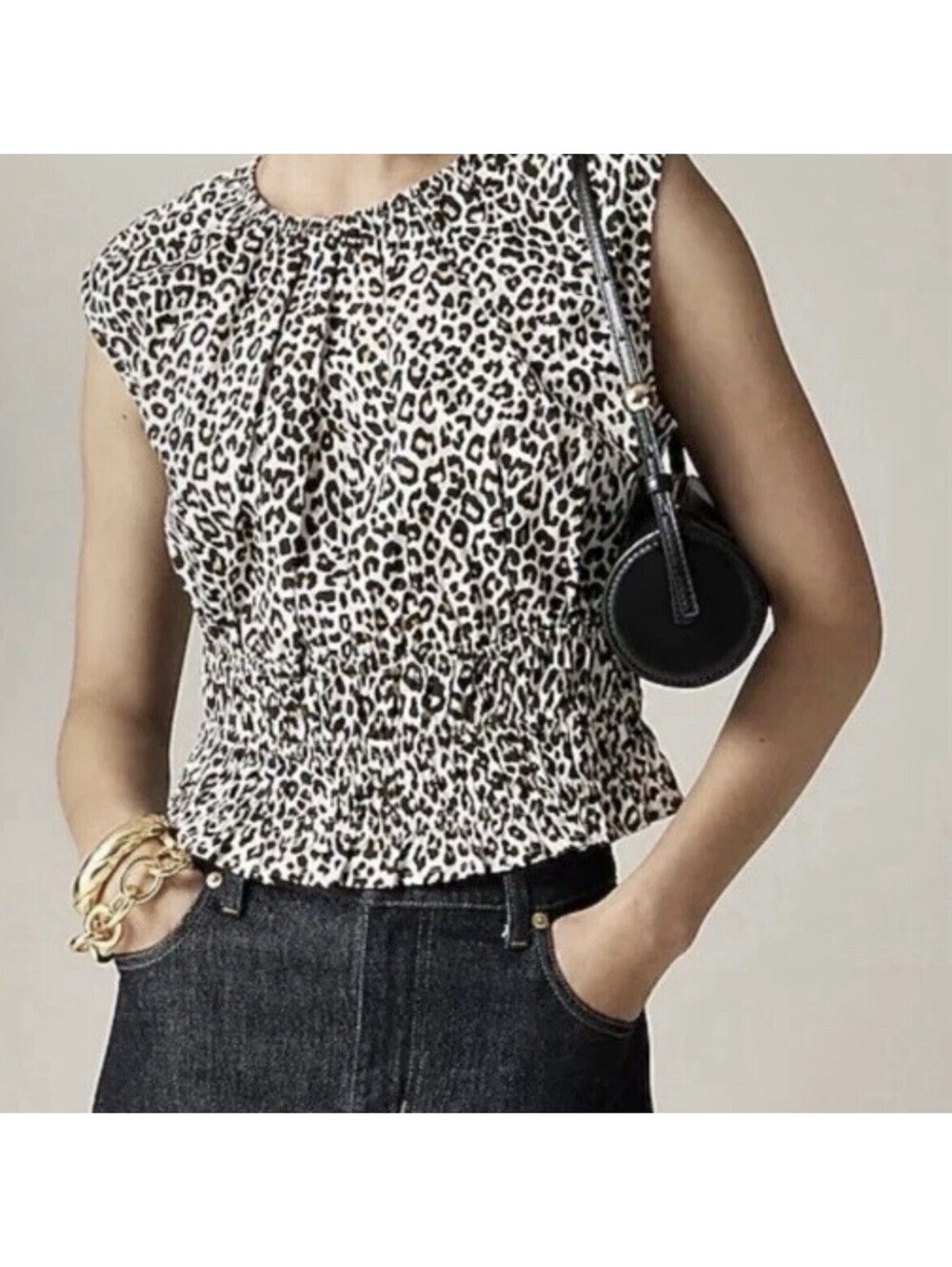 J Crew Hyacinth Blouse Top Leopard Print Small S Cotton Poplin Smocked